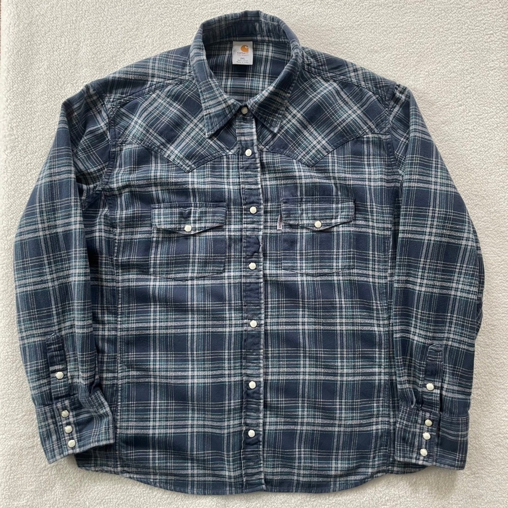 Carhartt Womens XXL 2XL‎ Blue Plaid Flannel Shirt Western Pearl Snap Gorpcore